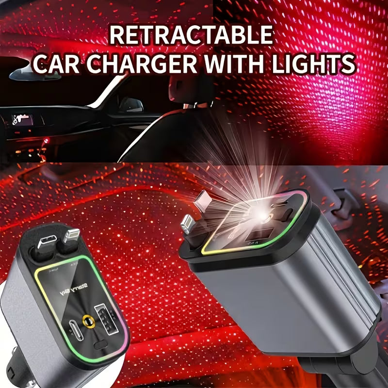 4-in-1 Starry Sky Car Charger with Ambient Projection Light | Retractable 80cm Cable, QC3.0 Fast Charging - Type C Cable's