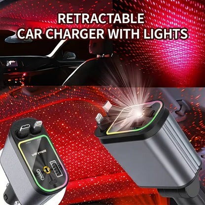 4-in-1 Starry Sky Car Charger with Ambient Projection Light | Retractable 80cm Cable, QC3.0 Fast Charging - Type C Cable's