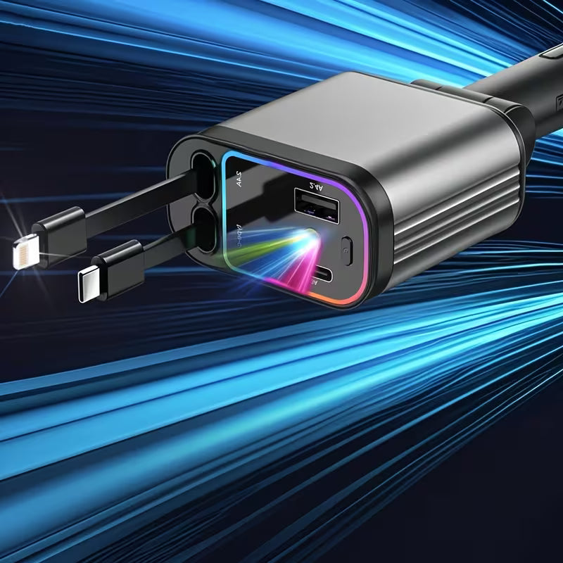 4-in-1 Starry Sky Car Charger with Ambient Projection Light | Retractable 80cm Cable, QC3.0 Fast Charging - Type C Cable's