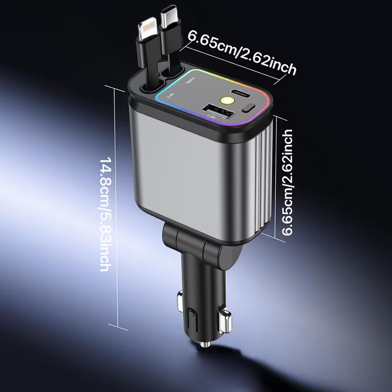 4-in-1 Starry Sky Car Charger with Ambient Projection Light | Retractable 80cm Cable, QC3.0 Fast Charging - Type C Cable's