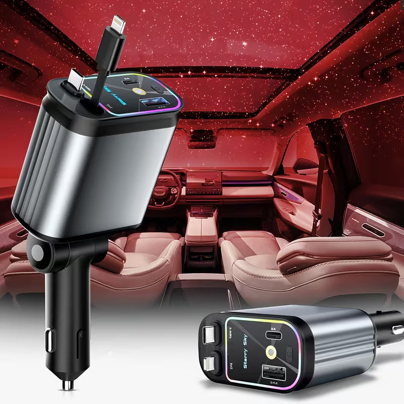 4-in-1 Starry Sky Car Charger with Ambient Projection Light | Retractable 80cm Cable, QC3.0 Fast Charging - Type C Cable's